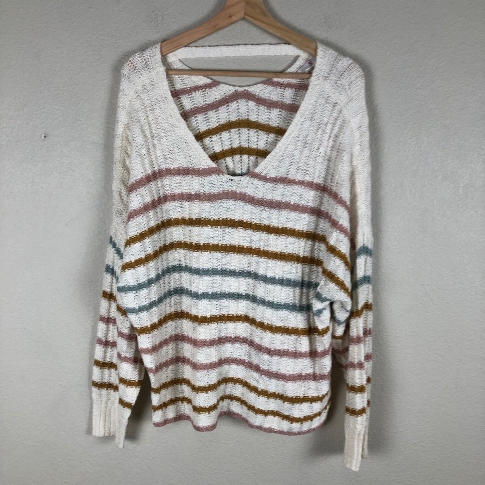 SO Loose Knit Striped Sweater Womens 1X Cream Casual Layering Nautical Beachy